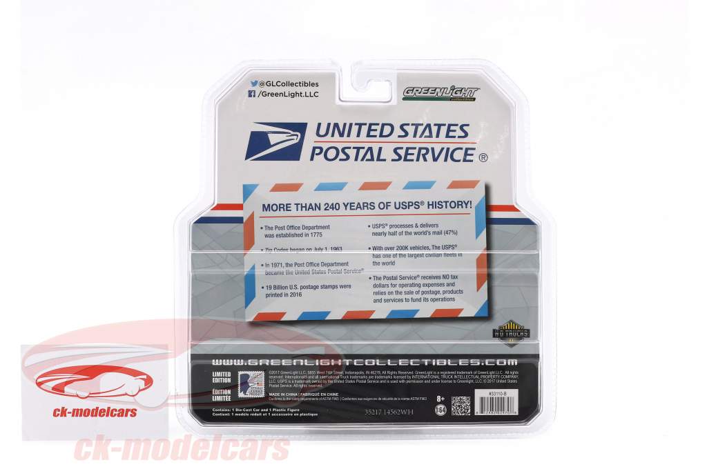 International DuraStar Flatbed USPS Bouwjaar 2013 wit met figuur postbode 1:64 Greenlight