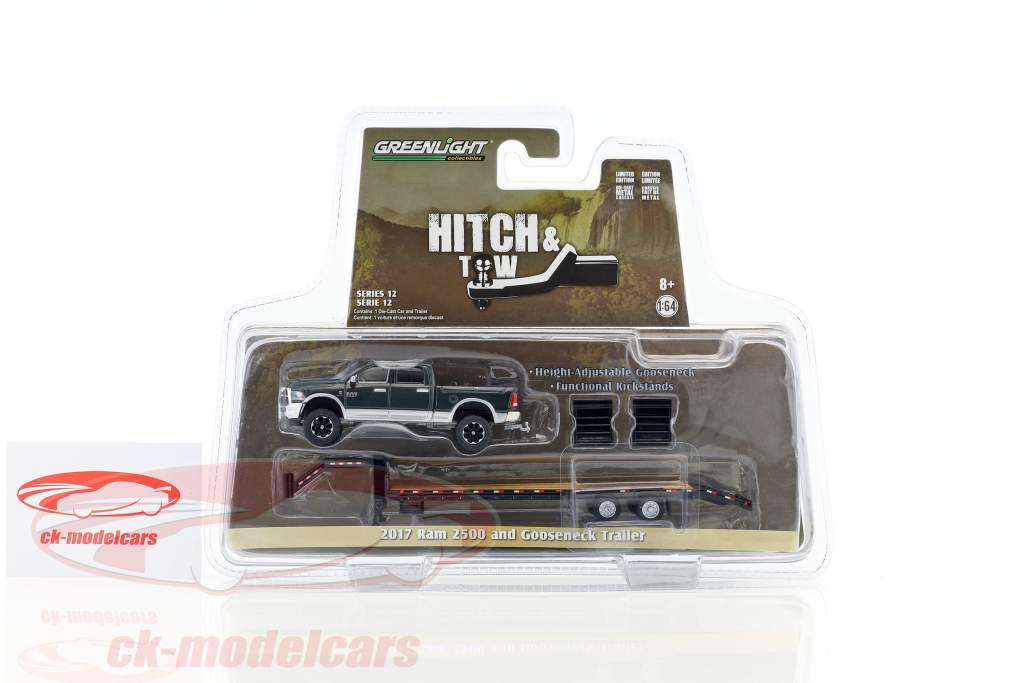 Dodge Ram 2500 ano de construção 2017 com gooseneck reboque verde metálico / prata 1:64 Greenlight