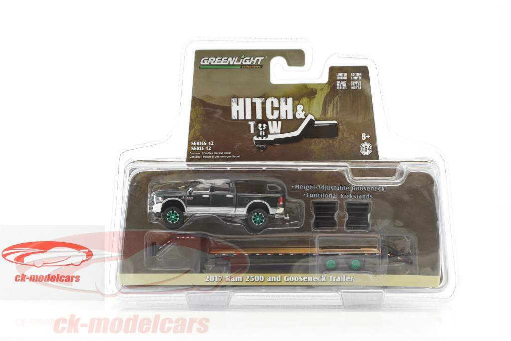 Dodge Ram 2500 ano de construção 2017 com trailer verde metálico / verde jantes 1:64 Greenlight