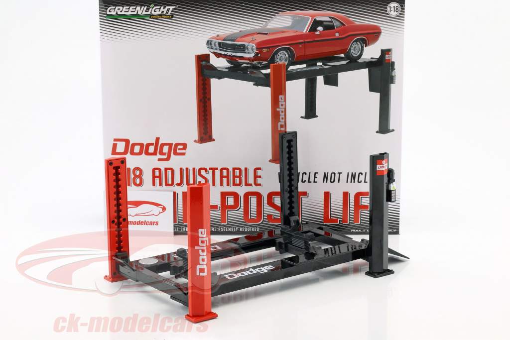 Einstellbare Vier-Säulen Hebebühne Dodge rot / schwarz für Modellautos in 1:18 Greenlight