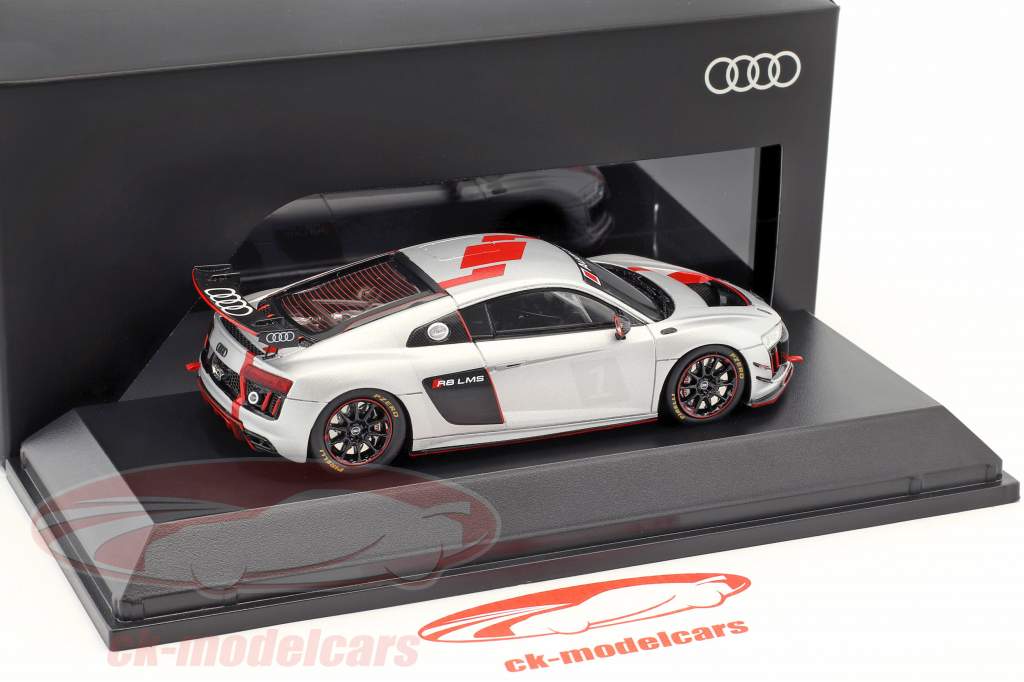 Audi R8 LMS GT4 Præsentation bil sølv / sort / rød 1:43 Spark