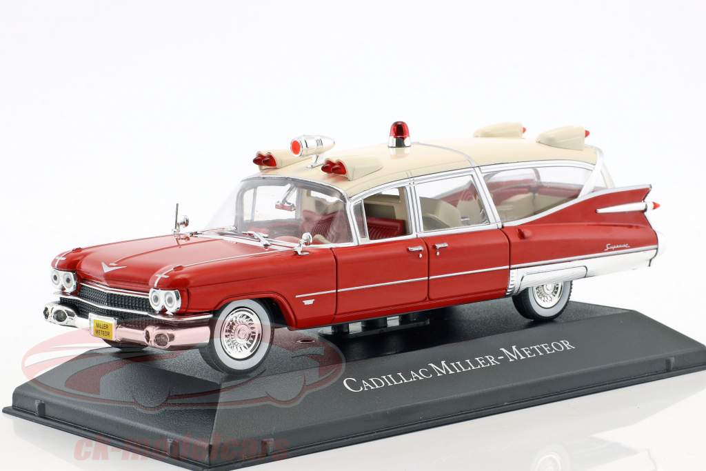 Cadillac Miller Meteor ambulance avec civière année de construction 1959 rouge / blanc 1:43 atlas