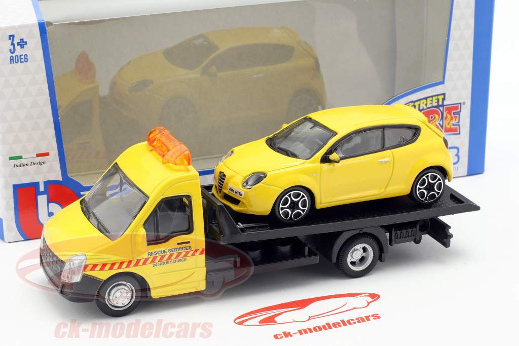 Alfa Romeo Mito con transporter Flatbed giallo 1:43 Bburago