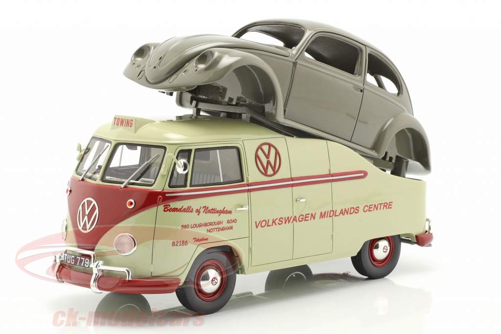 Volkswagen VW T1a Bus met Brezelkäfer lichaam beige / rood / grijs 1:18 Schuco