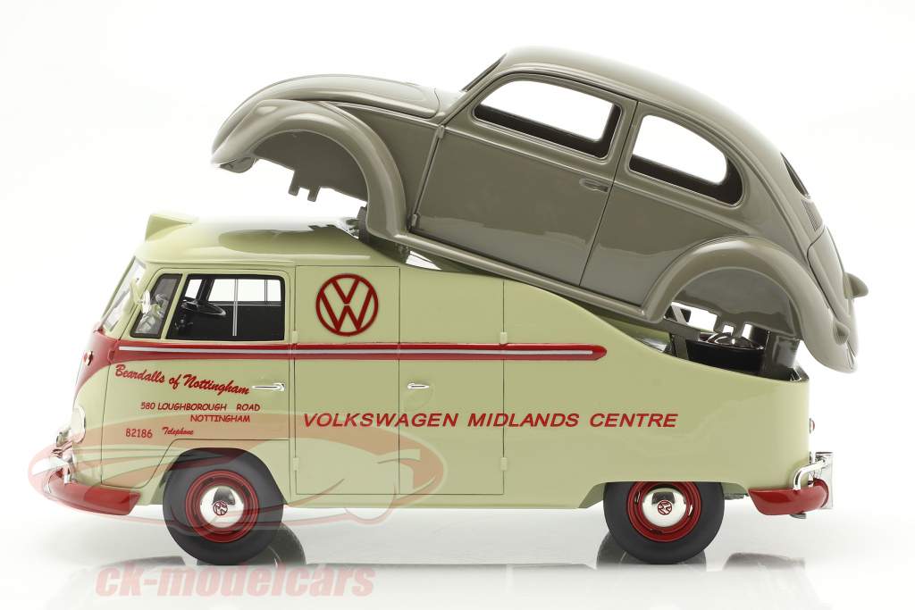 Volkswagen VW T1a Bus met Brezelkäfer lichaam beige / rood / grijs 1:18 Schuco