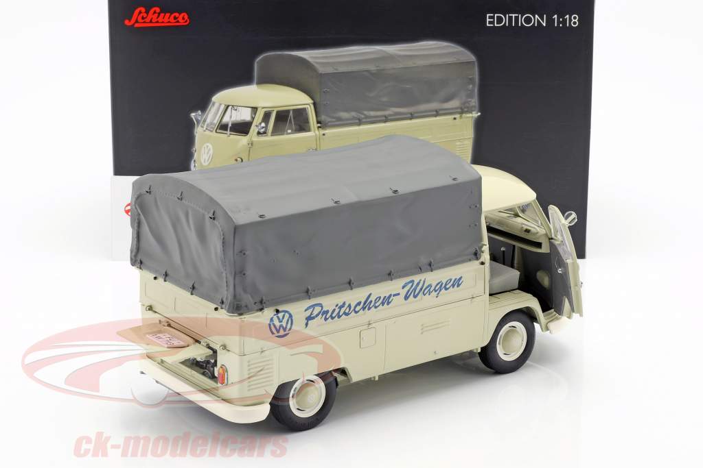 Volkswagen VW T1b camión plataforma con lona alquitranada año de construcción 1959-63 beige 1:18 Schuco