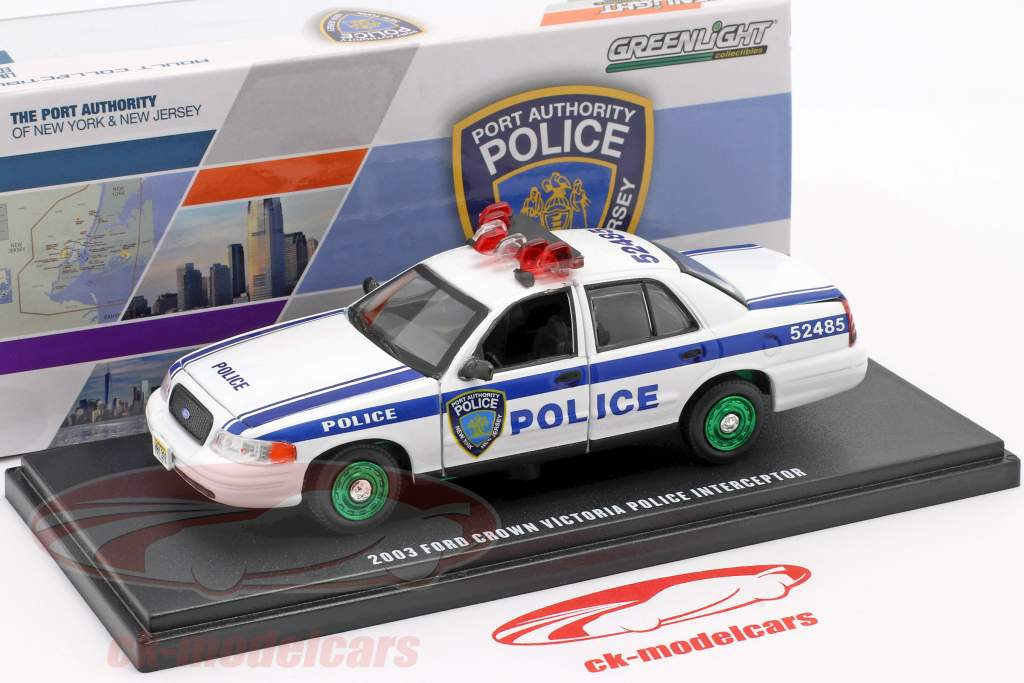 Ford Crown Victoria Police Interceptor 2003 blanco / azul / verde 1:43 Greenlight