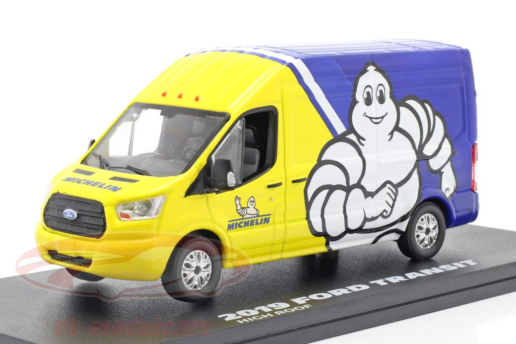 Ford Transit LWB High Roof Michelin 2019 azul / amarillo / blanco 1:43 Greenlight