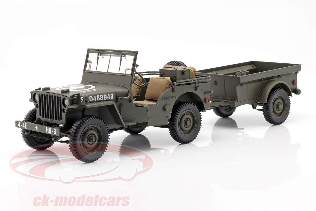 Jeep Willys MB mit Anhänger und M3 Panzerabwehrgeschütz 1943 oliv 1:8 Premium X