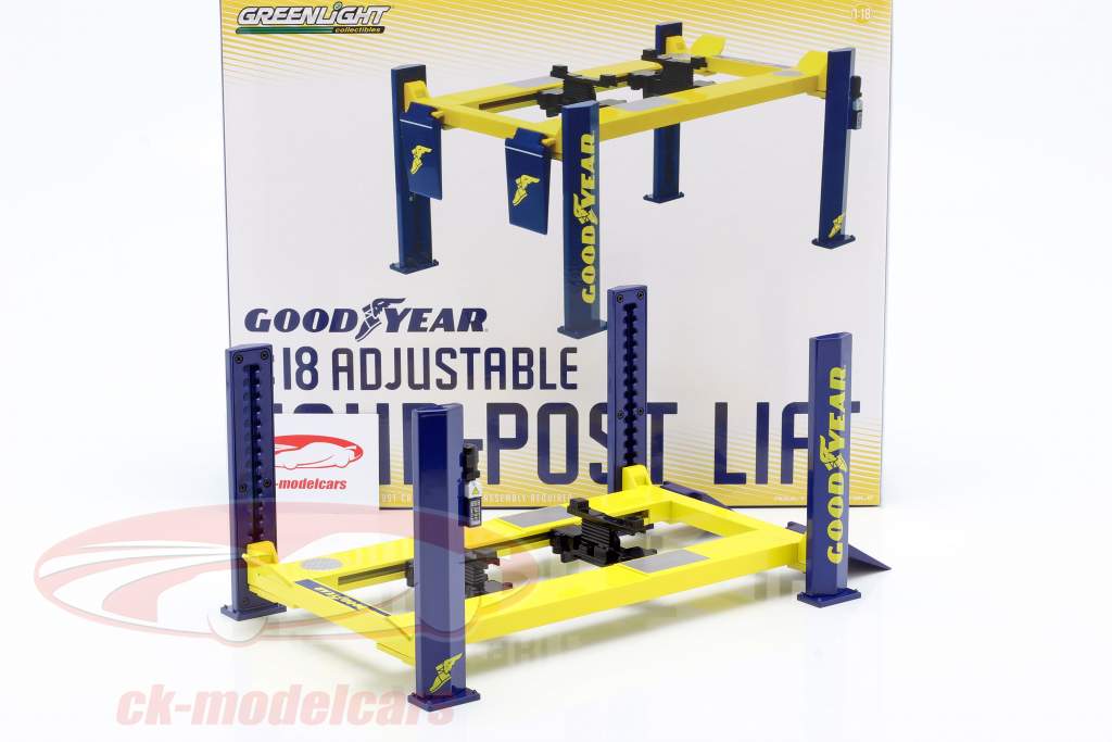 Einstellbare Vier-Säulen Hebebühne Goodyear gelb / blau 1:18 Greenlight