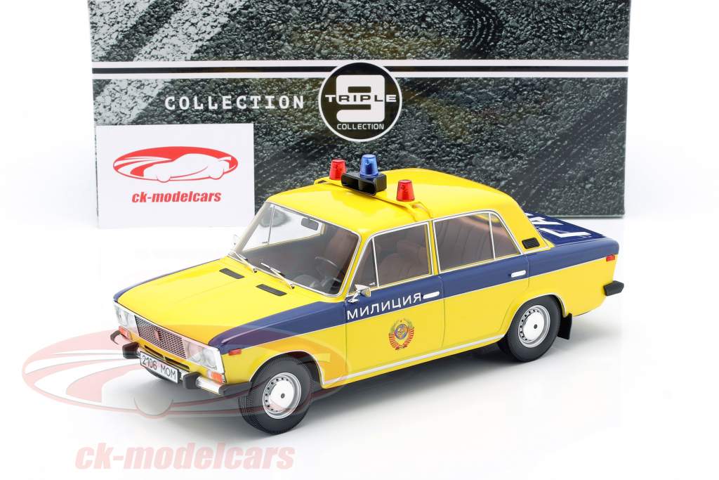 Lada 2106 politi Sovjetunionen Byggeår 1976 gul / mørkeblå 1:18 Triple9