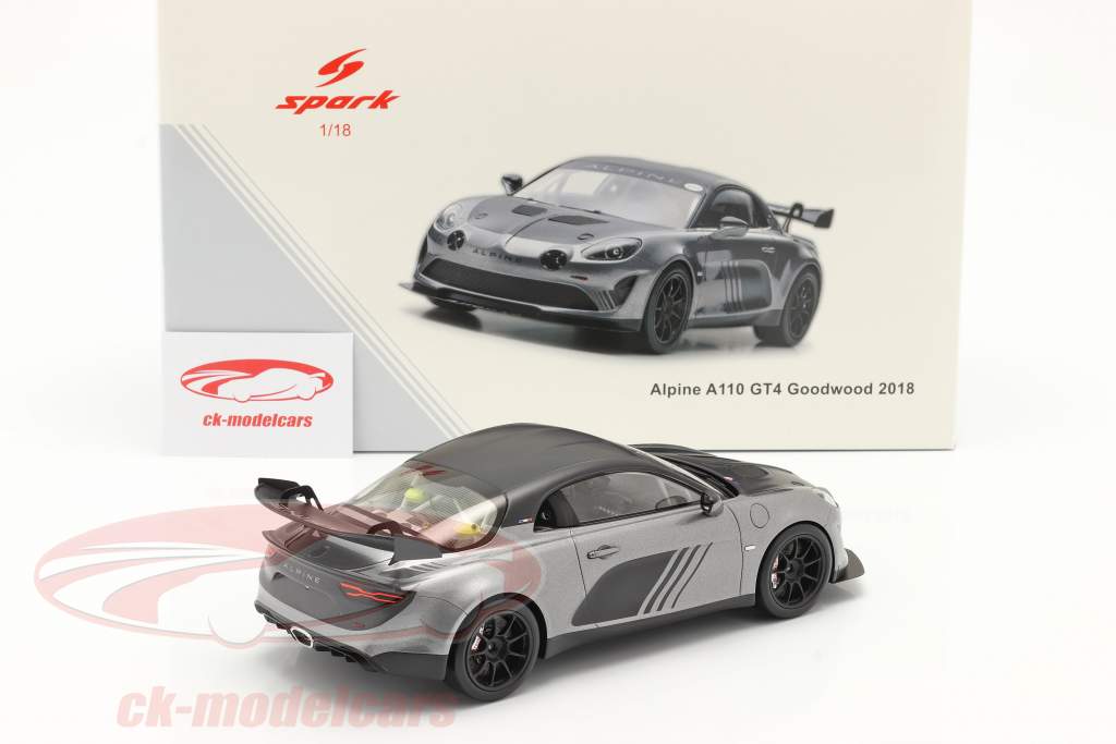 Alpine A110 GT4 Goodwood 2018 sølv metallisk / sort 1:18 Spark