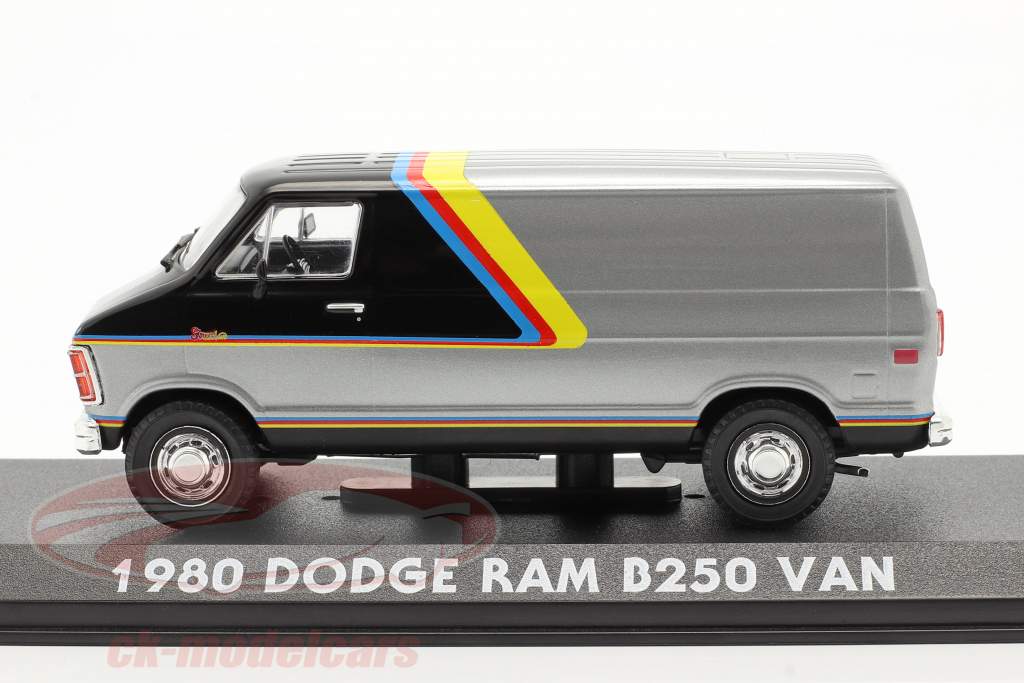 Dodge RAM B250 Van Byggeår 1980 sølv / sort med striber 1:43 Greenlight