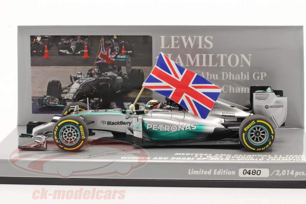 L. Hamilton Mercedes F1 W05 Hybrid #44 Weltmeister Abu Dhabi GP F1 2014 mit Flagge 1:43 Minichamps