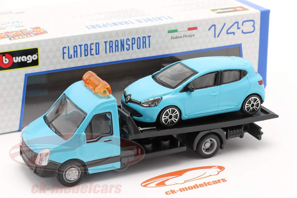 Renault Clio con transporter Flatbed azzurro 1:43 Bburago