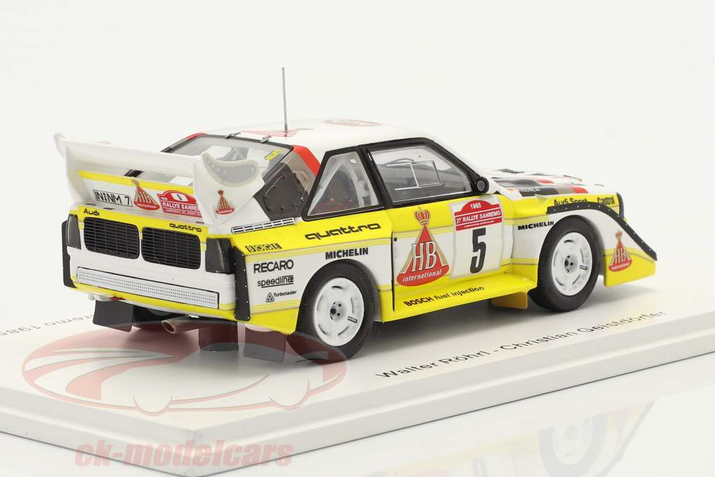Audi Quattro Sport E2 #5 gagnant Rallye SanRemo 1985 Röhrl, Geistdörfer 1:43 Spark