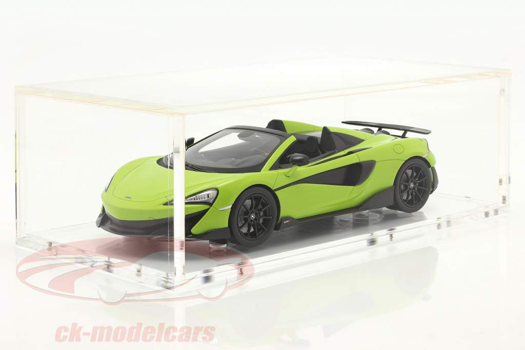 McLaren 600LT Spider 建设年份 2019 lime 绿色 和 展示柜 1:18 Spark