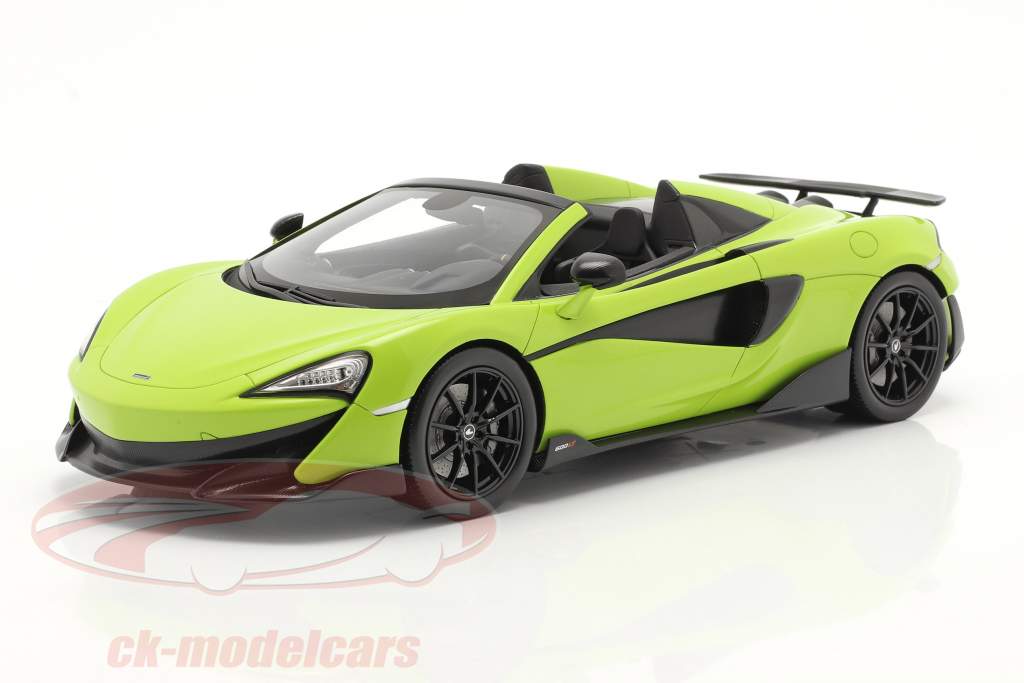 McLaren 600LT Spider 建设年份 2019 lime 绿色 和 展示柜 1:18 Spark