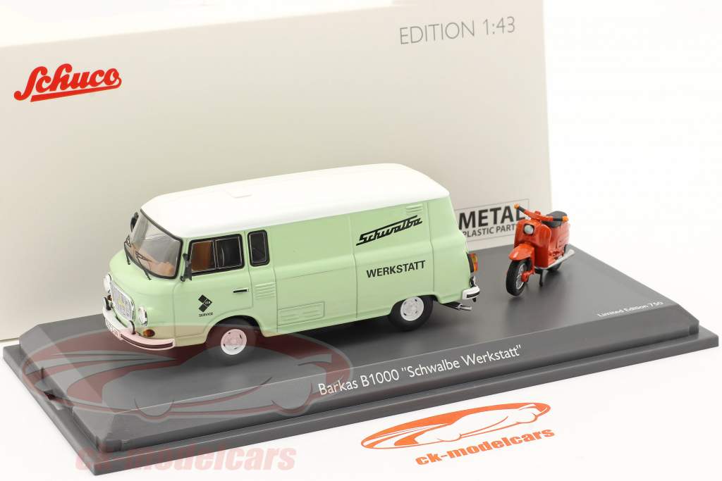 Barkas B1000 Værksted service Med Schwalbe KR51 lysegrøn / orange 1:43 Schuco