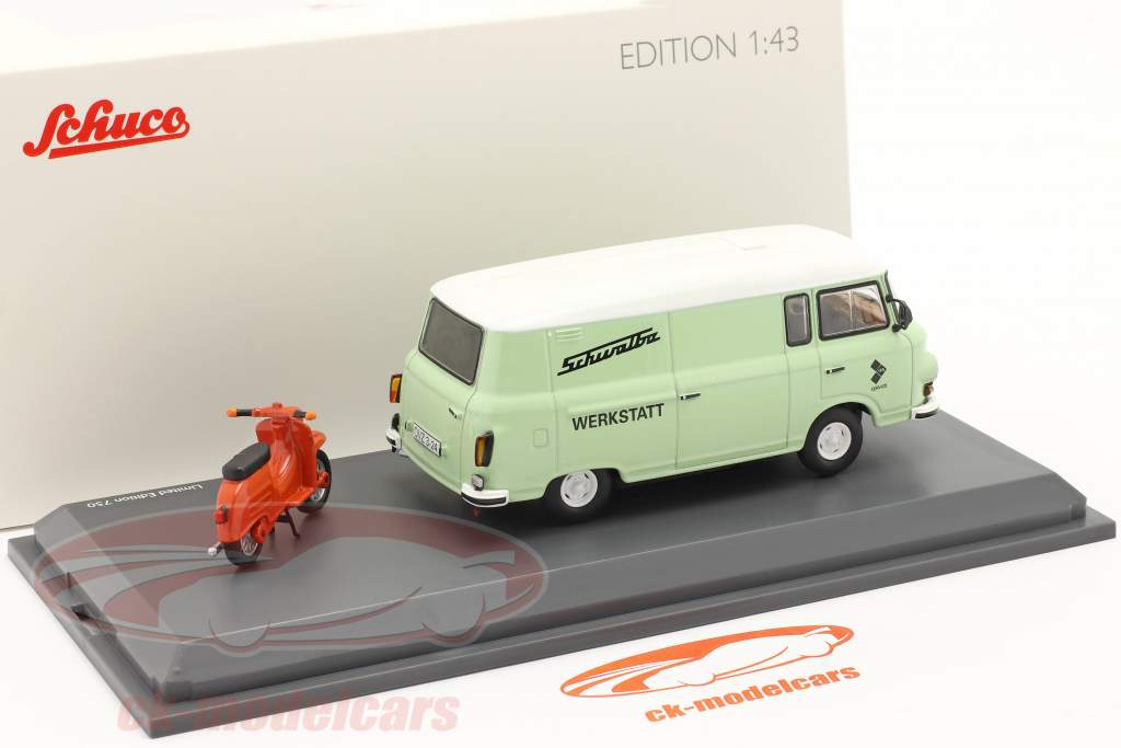 Barkas B1000 Værksted service Med Schwalbe KR51 lysegrøn / orange 1:43 Schuco