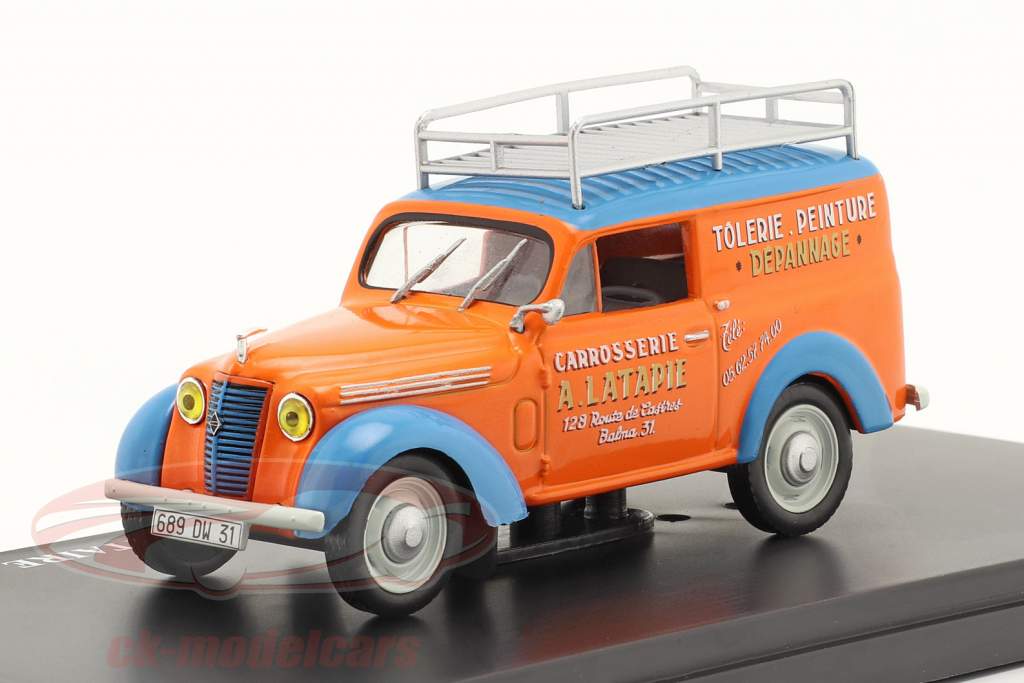 Renault Juvaquatre Fourgonnette Publicitaire Latapie orange / blå 1:43 Hachette