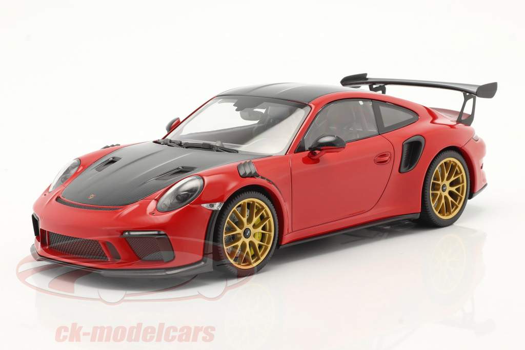 Porsche 911 (991 II) GT3 RS Weissach Package 2019 guards red / golden rims 1:18 Minichamps