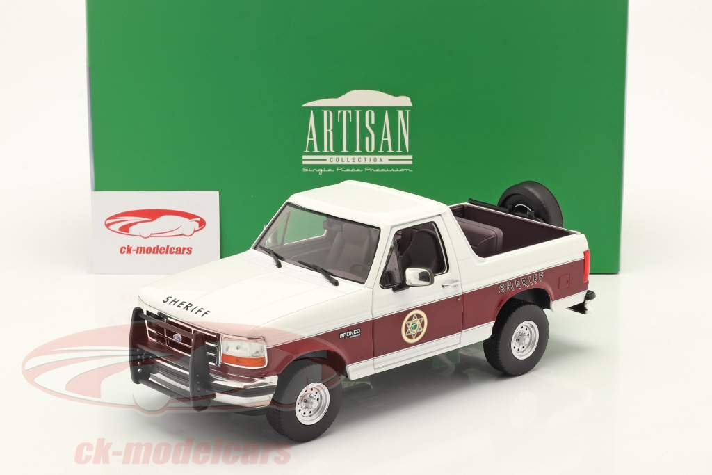 Ford Bronco XLT Absaroka County Sheriff 1994 白い / バーガンディレッド 1:18 Greenlight