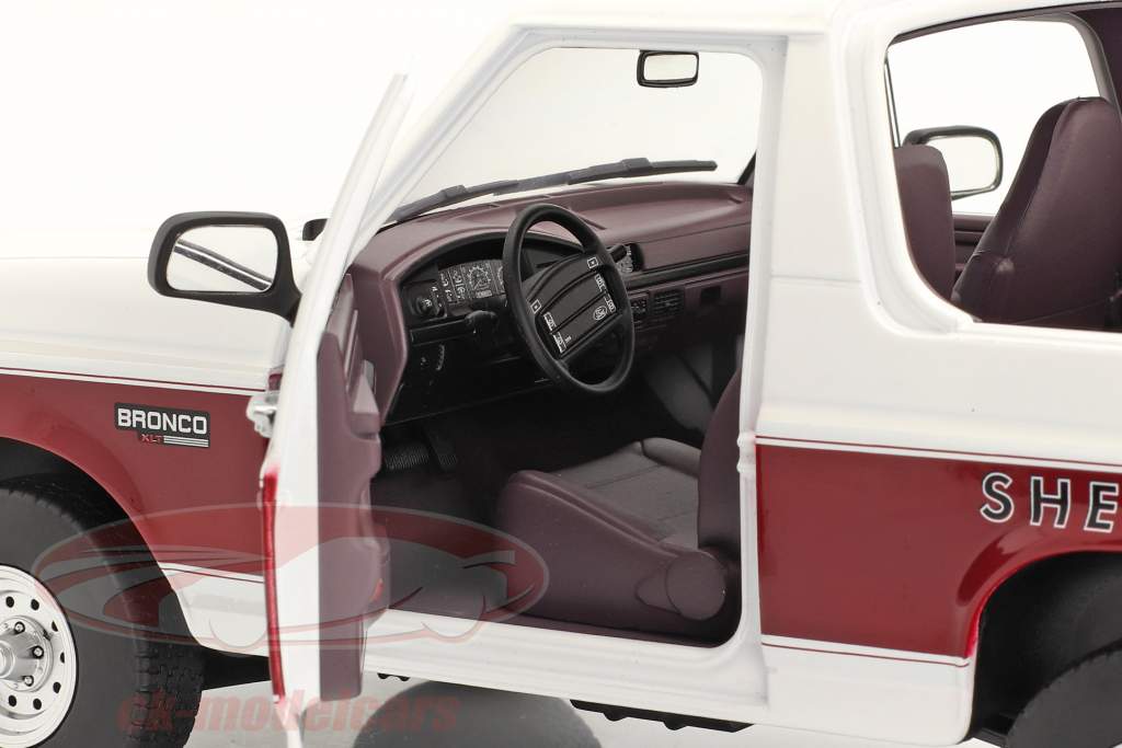 Ford Bronco XLT Absaroka County Sheriff 1994 白い / バーガンディレッド 1:18 Greenlight