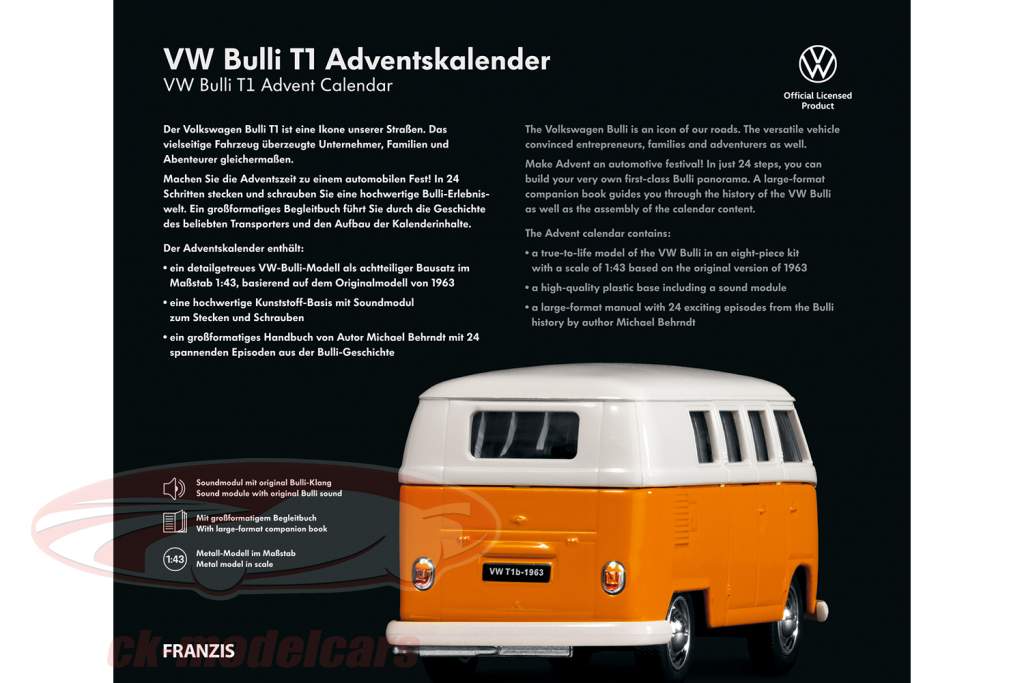 VW Bulli T1 Advent kalender: Volkswagen VW Bulli T1 1963 geel / wit 1:43 Franzis