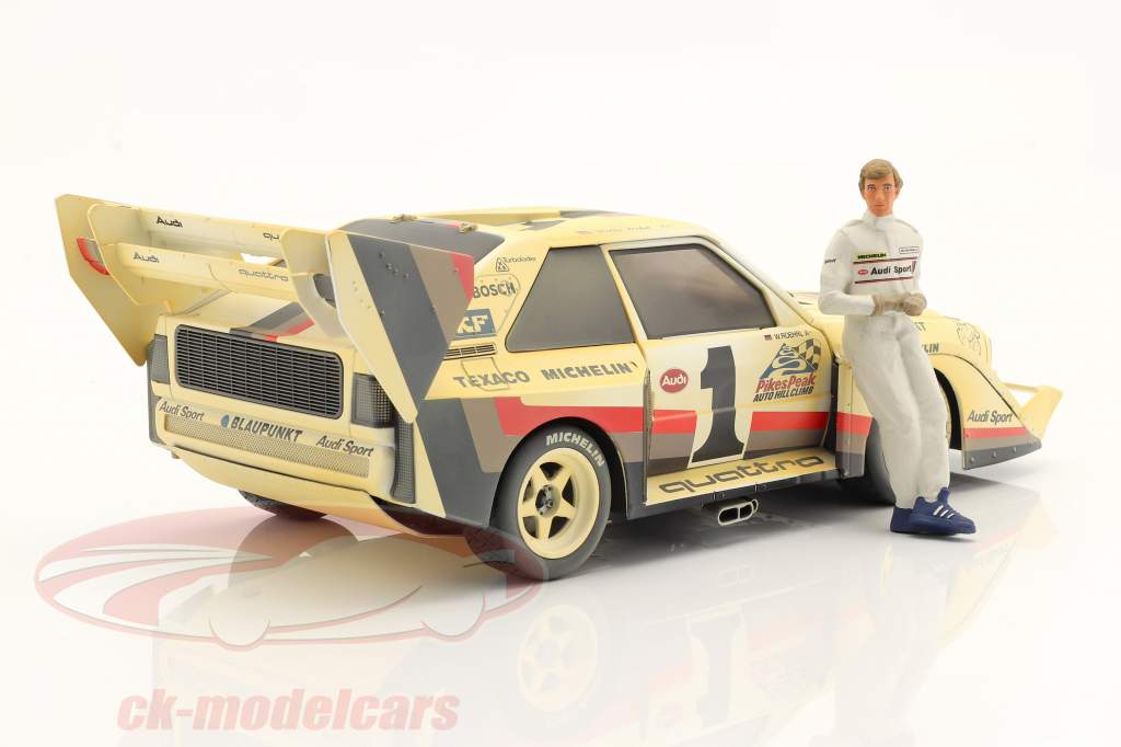 Set Walter Röhrl: Audi quattro S1 Dirty Version #1 ganador Pikes Peak 1987 con figura 1:18 CMR