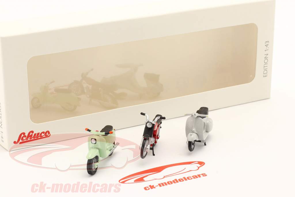 Set mit 3 Motorrädern: Simson Schwalbe, Simson S51, Roller GS 1:43 Schuco