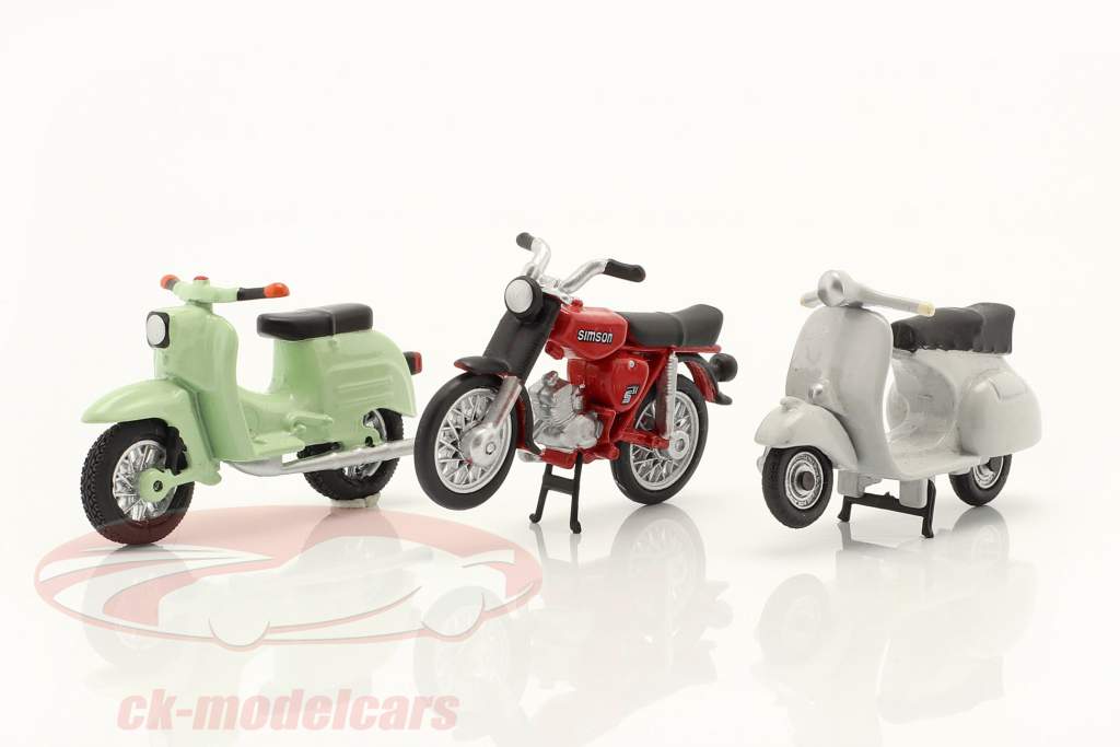 Set mit 3 Motorrädern: Simson Schwalbe, Simson S51, Roller GS 1:43 Schuco