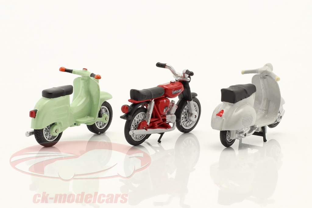 Set mit 3 Motorrädern: Simson Schwalbe, Simson S51, Roller GS 1:43 Schuco
