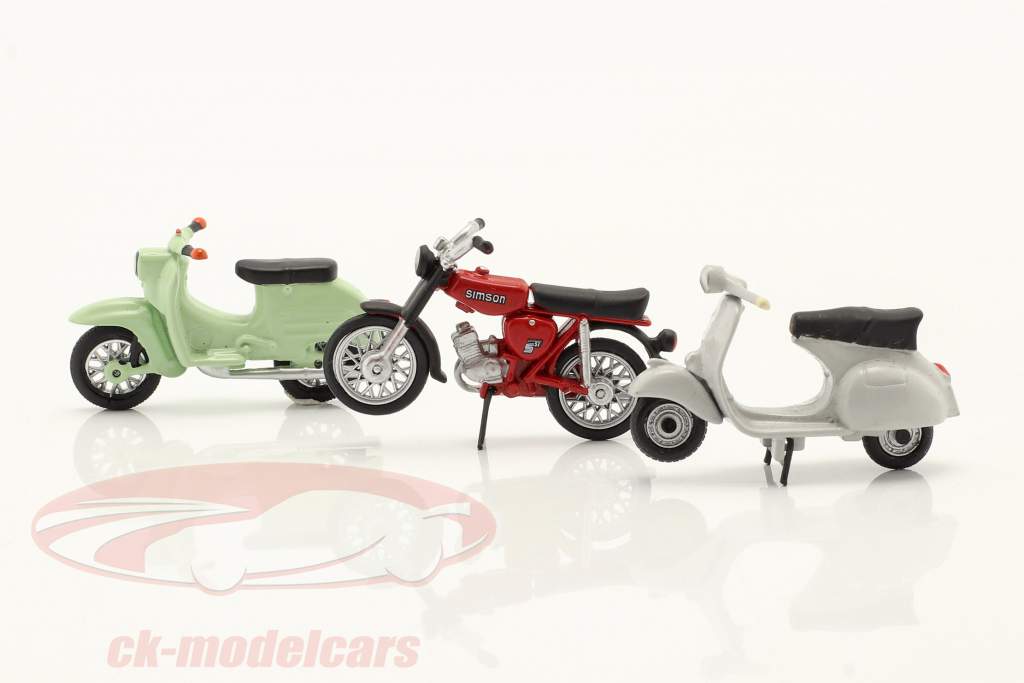 放 和 3 摩托车： Simson Schwalbe, Simson S51, Roller GS 1:43 Schuco
