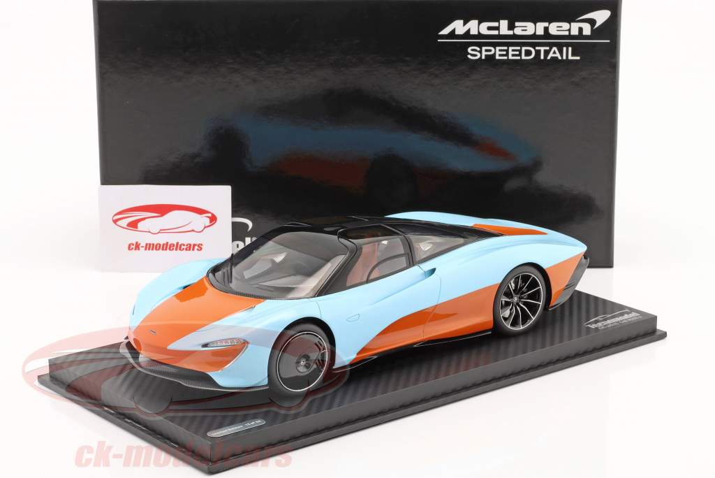 McLaren Speedtail Año de construcción 2020 naranja / azul golfo Con Escaparate 1:18 Tecnomodel