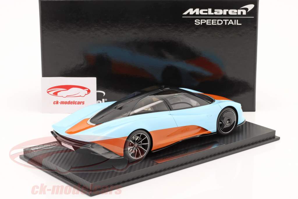 McLaren Speedtail year 2020 orange / gulf blue with showcase 1:18 Tecnomodel