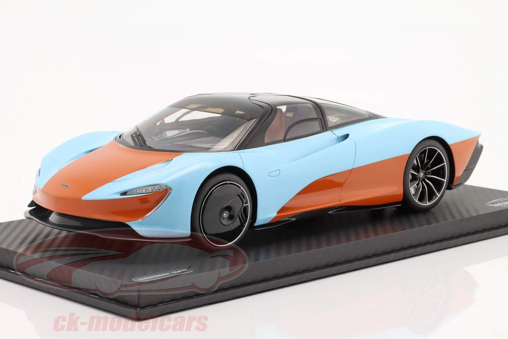 McLaren Speedtail Año de construcción 2020 naranja / azul golfo Con Escaparate 1:18 Tecnomodel