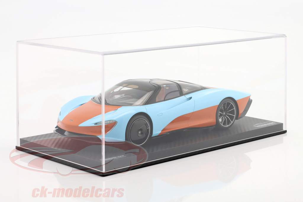 McLaren Speedtail Año de construcción 2020 naranja / azul golfo Con Escaparate 1:18 Tecnomodel