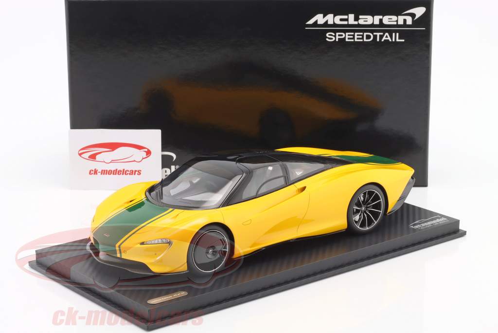 McLaren Speedtail Año de construcción 2020 amarillo metálico / verde Con Escaparate 1:18 Tecnomodel