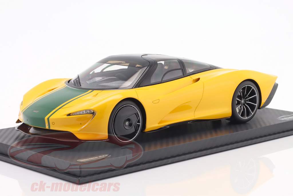 McLaren Speedtail Año de construcción 2020 amarillo metálico / verde Con Escaparate 1:18 Tecnomodel