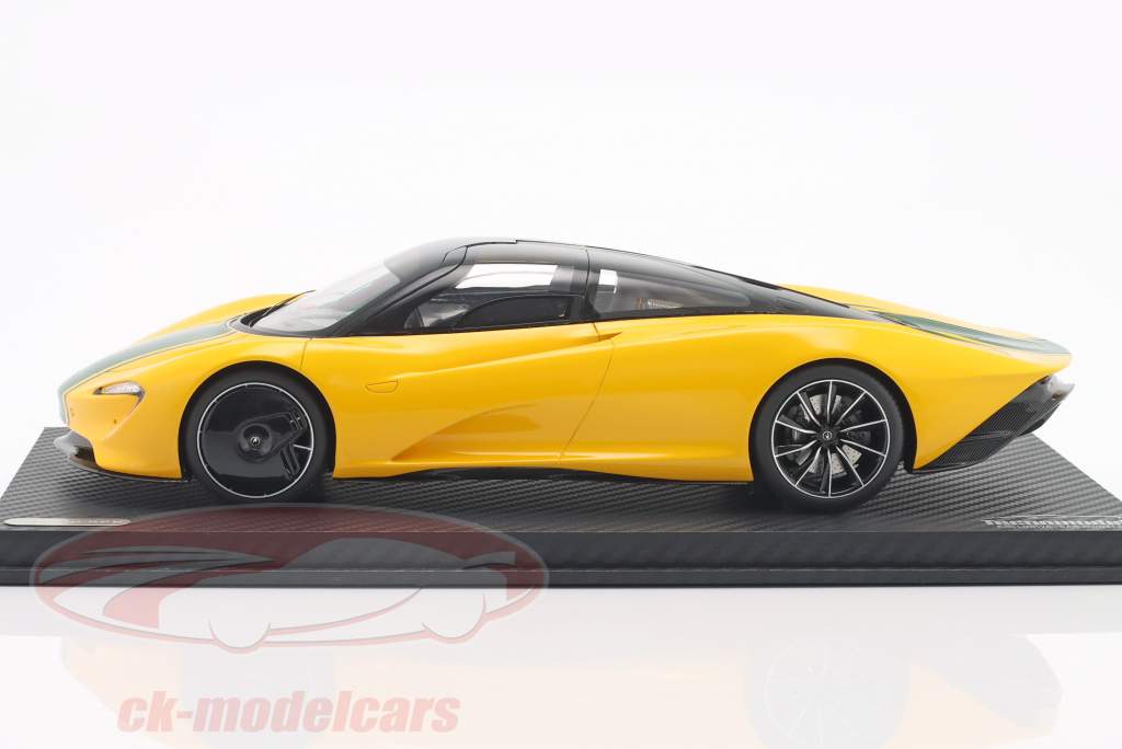 McLaren Speedtail Año de construcción 2020 amarillo metálico / verde Con Escaparate 1:18 Tecnomodel