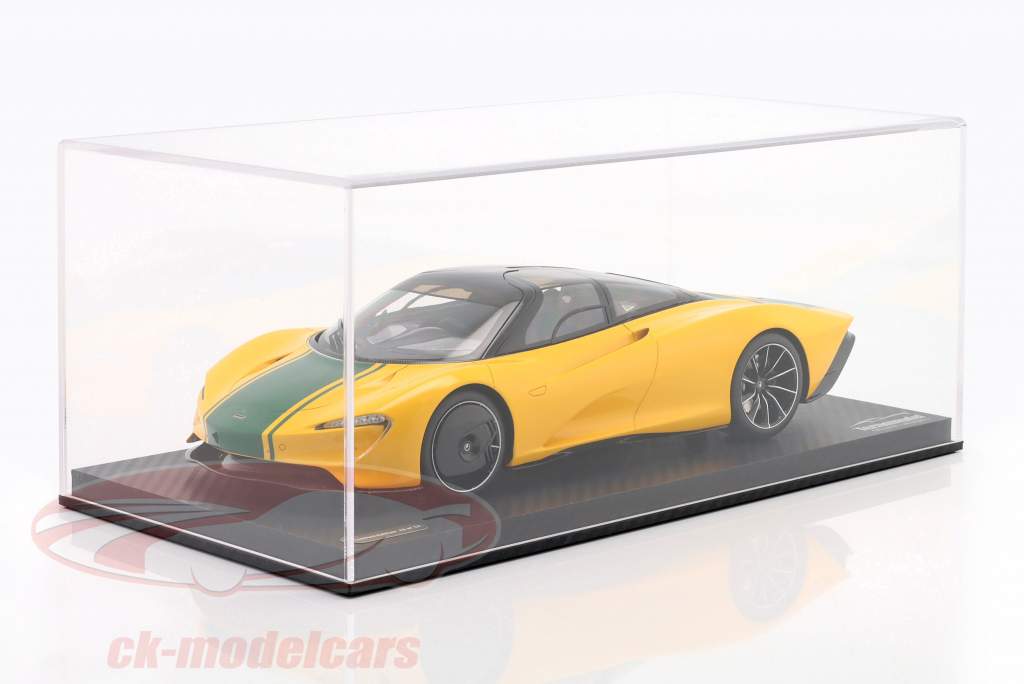 McLaren Speedtail Año de construcción 2020 amarillo metálico / verde Con Escaparate 1:18 Tecnomodel