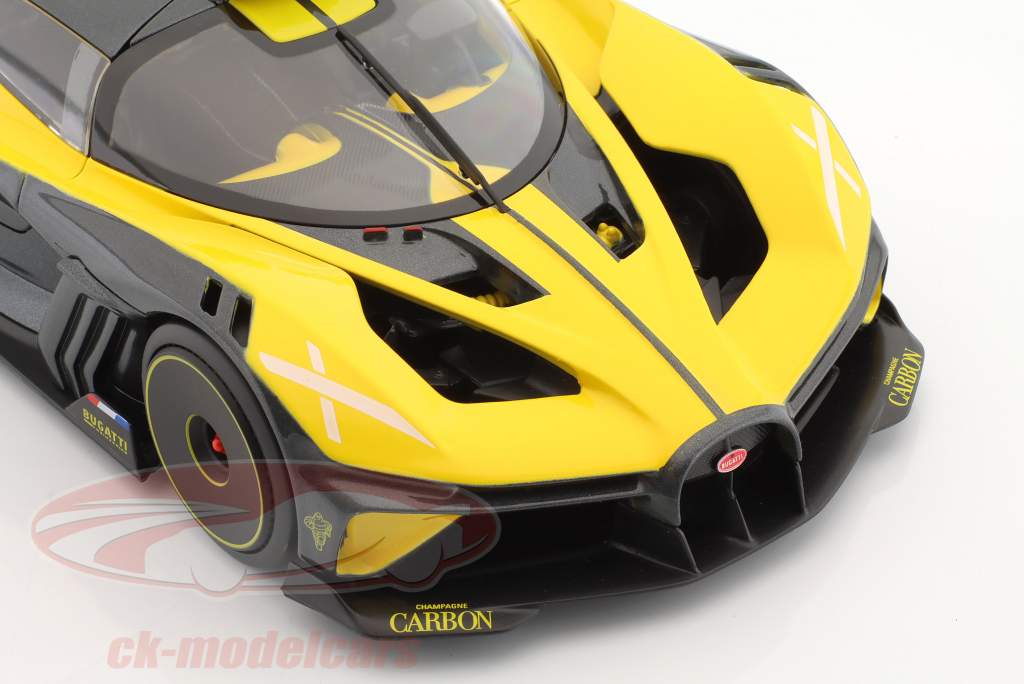 Bugatti Bolide W16.4 Ano de construção 2020 amarelo / carbono 1:18 Bburago