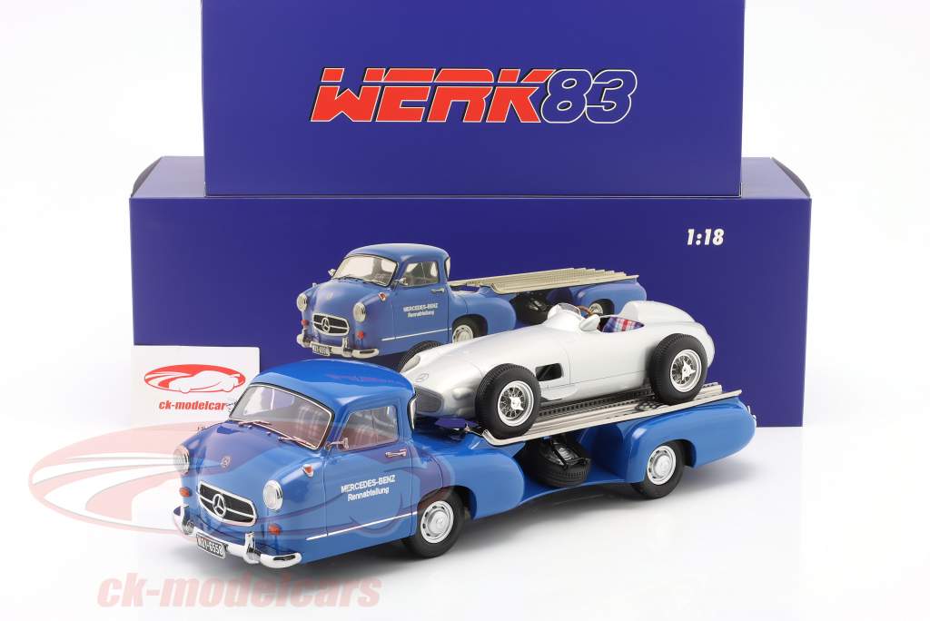 Set: Mercedes-Benz racertransporter blå Spekulerer Med Mercedes-Benz W196 1:18 WERK83