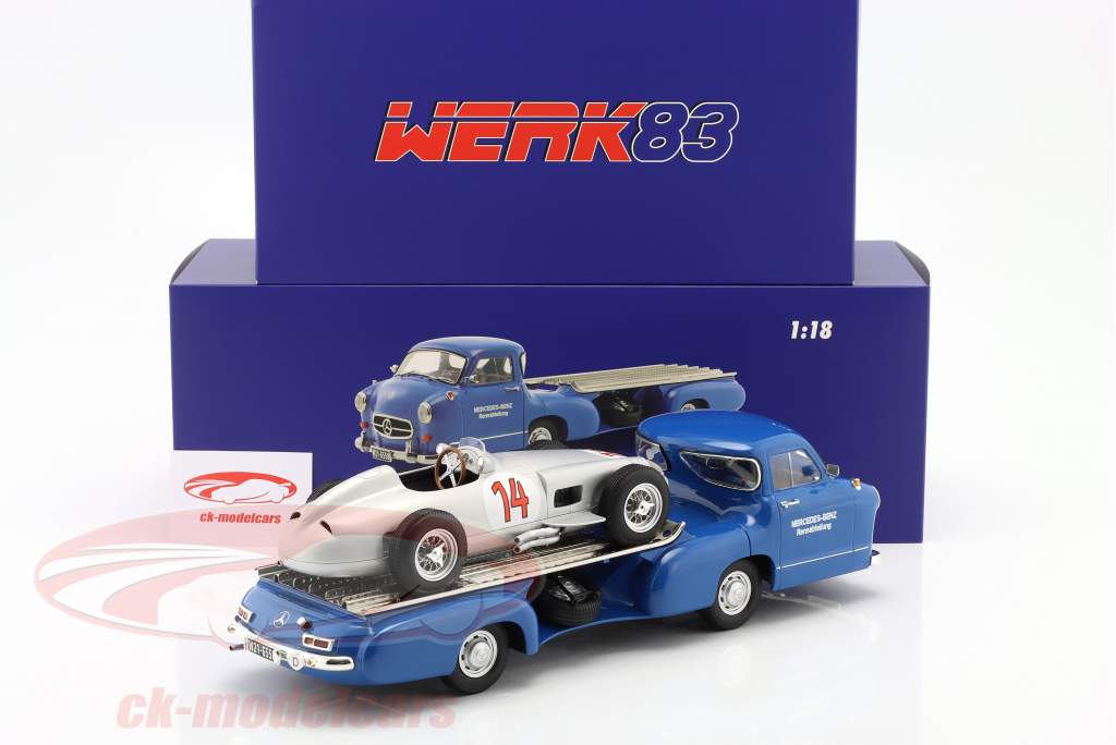 Set: Mercedes-Benz racing transporter blue Wonder with Mercedes-Benz W196 #14 1:18 WERK83