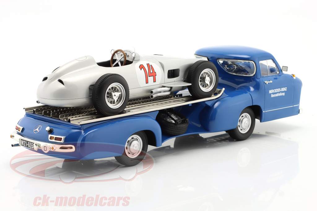 Set: Mercedes-Benz racing transporter blue Wonder with Mercedes-Benz W196 #14 1:18 WERK83