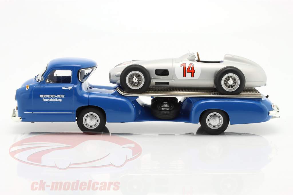 Set: Mercedes-Benz racing transporter blue Wonder with Mercedes-Benz W196 #14 1:18 WERK83