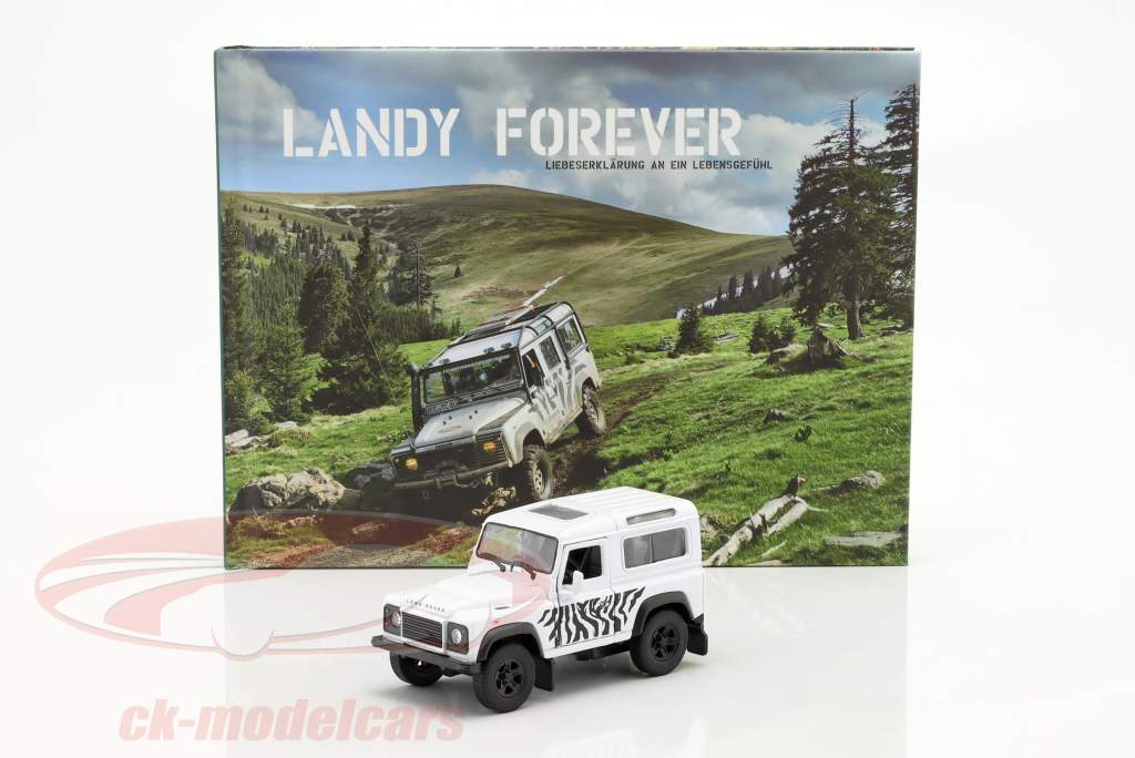 Set: Bestil Landy forever & Land Rover Defender hvid / sort 1:38 Welly