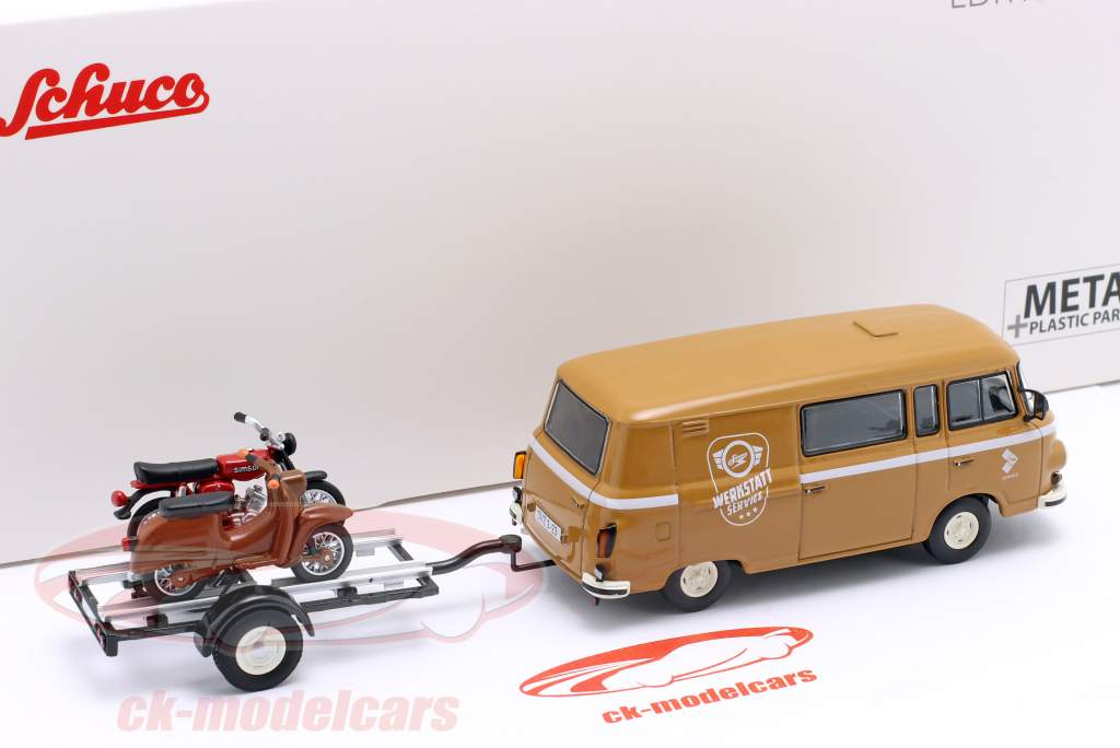 Barkas B1000 と Simson S51 & Schwalbe の上 トレーラー 1:43 Schuco