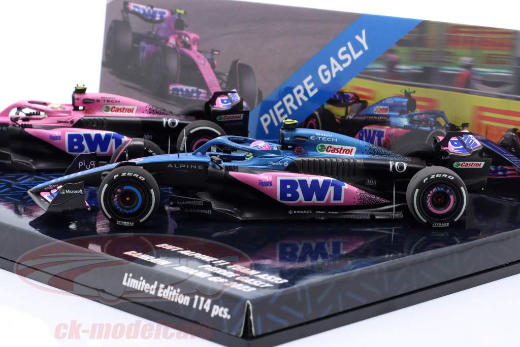 2-Car Set Pierre Gasly #10 Bahrain & Miami GP formel 1 2023 1:43 Minichamps